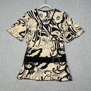 Vintage Tabom Wrap Top Womens Large Black Beige Abstract‎ Floral Buckle Y2K USA